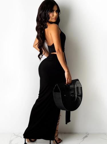 Black Sexy O-Ring Halter Crop Top and Slit Long Skirt Set