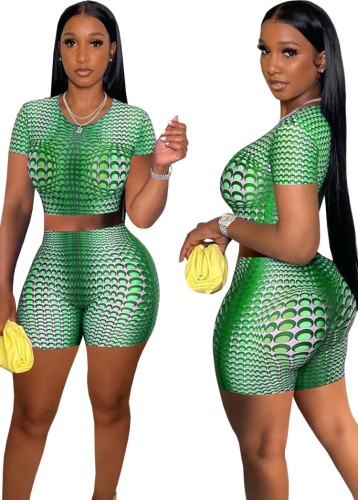 Print Green Sexy Crop Top and Biker Shorts 2PCS
