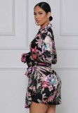 Sexy Floral Print Long Sleeve Wrap Mini Dress