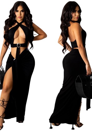 Black Sexy O-Ring Halter Crop Top and Slit Long Skirt Set
