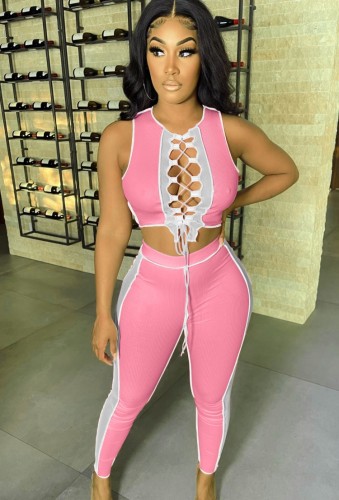Contrast Pink Sexy Lace-Up Crop Tank and Pants Set