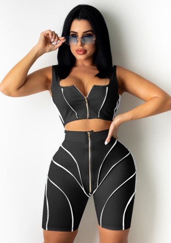 Sexy Black Zipper Crop Top & High Waist Shorts with Contrast Piping