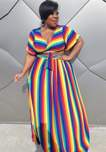 Plus Size Stripes Multicolor Crop Top and Long Skirt Two Piece Set