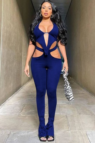 Blue Halter Cut Out Sexy Club Top and Pants Two Piece Set