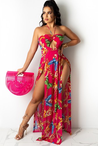 Sexy Print Hot Pink Slit Halter Maxi Dress