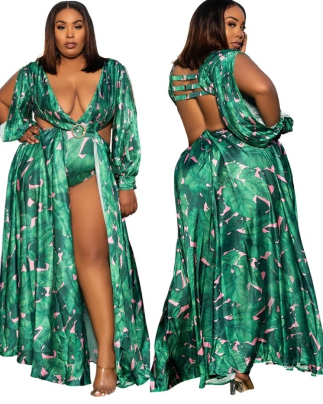 Plus Size Print Green Sexy Slit Sleeve Maxi Dress