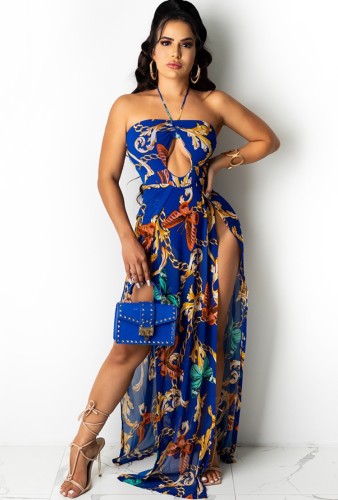 Sexy Print Blue Slit Halter Maxi Dress