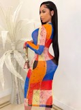 Sexy Multicolor Long Sleeve Midi Bodycon Dress