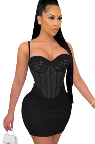 Black Rhinestone Sexy Cami Bodycon Dress