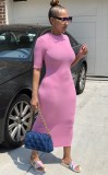 Pink Bodycon Round Neck Midi Dress