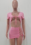 Sexy Pink Tie Front Crop Top & Lace Up Mini Skirt Set