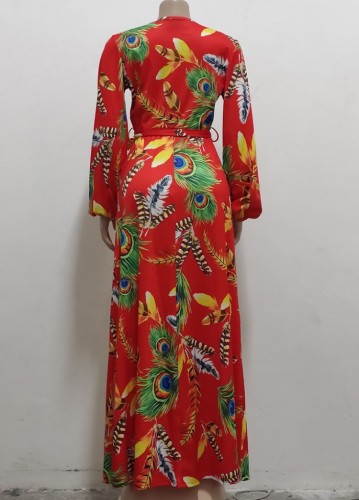 Print Sexy Long Sleeve Wrap Tie Waist Slit Maxi Dress