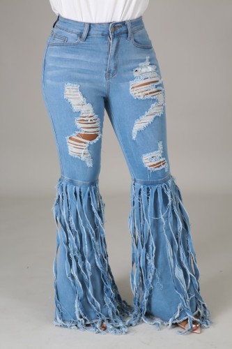 Blue Tassels Ripped Flare Jeans