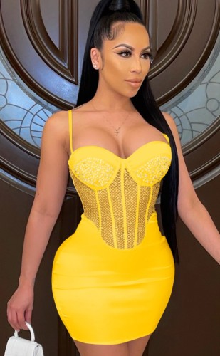 Yellow Rhinestone Sexy Cami Bodycon Dress