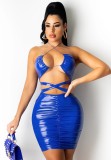 Blue Patent PU Leather Cut Out Halter Bodycon Dress