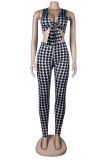 White and Black Print Tie Front Crop Top and Pants Set