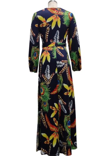 Print Sexy Long Sleeve Wrap Tie Waist Slit Maxi Dress