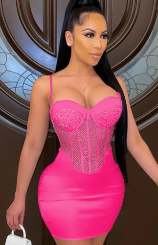 Hot Pink Rhinestone Sexy Cami Bodycon Dress
