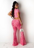 Print Pink Sexy Tie Front Crop Top and Pants 2PCS Set