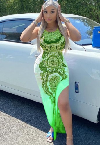 Print Green Sleeveless Slit Maxi Dress