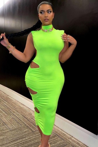 Sexy Green Cut Out High Neck Sleeveless Bodycon Midi Dress