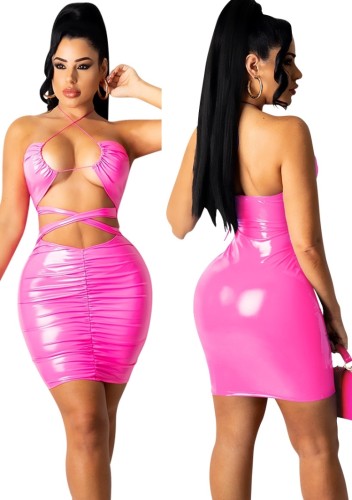 Pink Patent PU Leather Cut Out Halter Bodycon Dress