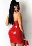 Red Patent PU Leather Cut Out Halter Bodycon Dress
