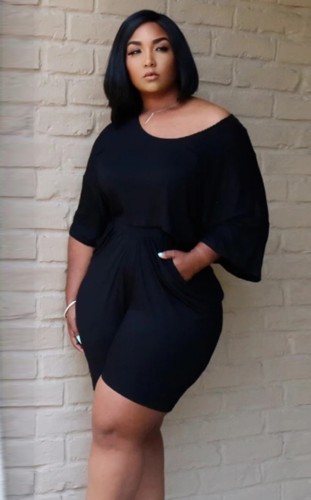 Plus Size Sexy Black Top and Shorts Casual 2PCS Set