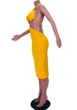 Yellow Sexy Halter Cross Neck Cut Out Bodycon Midi Dress