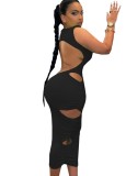 Sexy Black Cut Out High Neck Sleeveless Bodycon Midi Dress