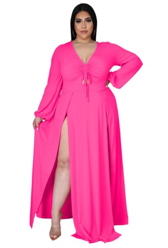 Plus Size Hot Pink Long Sleeve Double Slit Maxi Dress
