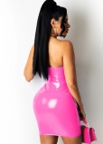 Pink Patent PU Leather Cut Out Halter Bodycon Dress
