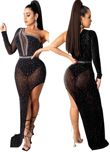 Black Rhinestone One Shoulder Asymmetric Slit Evening Dress