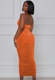 Orange Wrap Halter Crop Top and Ruched Midi Skirt 2PCS Set