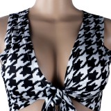 White and Black Print Tie Front Crop Top and Pants Set