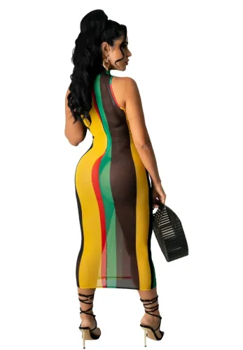 Striped Multicolor See Through Halter Midi Dress