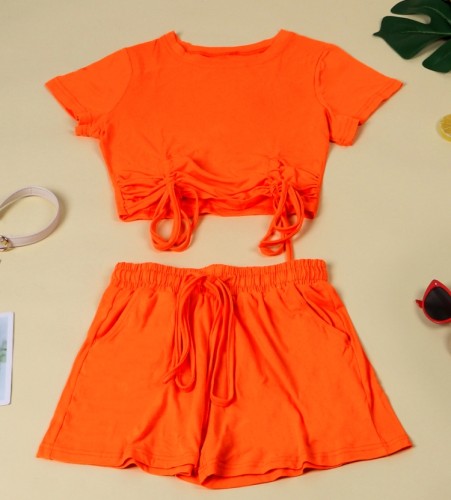 Leisure Orange Drawstrings Crop Top and Shorts 2PCS Set