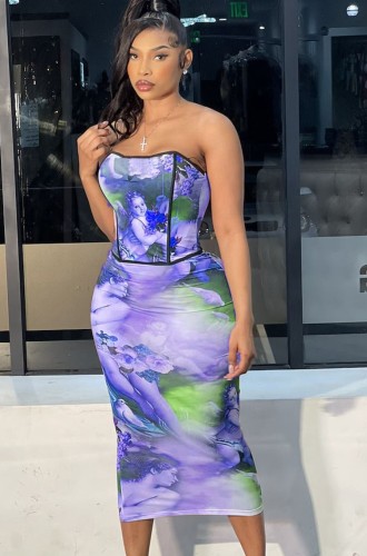 Print Sexy Strapless Top and Midi Skirt Two Pieces