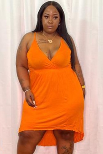 Plus Size Orange V Neck Sexy Strap Dress