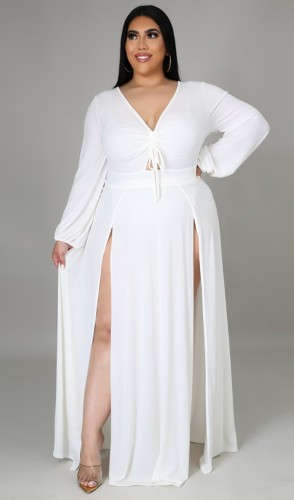 Plus Size White Long Sleeve Double Slit Maxi Dress