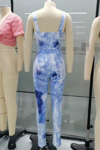 Fake Denim Print Sleeveless Tight Jumpsuit