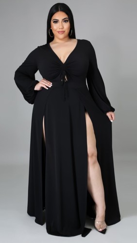Plus Size Black Long Sleeve Double Slit Maxi Dress