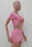 Sexy Pink Tie Front Crop Top & Lace Up Mini Skirt Set