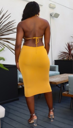 Yellow Sexy Halter Cross Neck Cut Out Bodycon Midi Dress