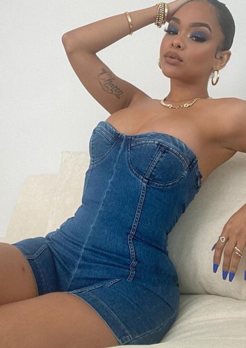 Sexy Blue Strapless Tight Denim Rompers