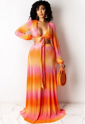 Gradient Tie Front Crop Top and Maxi Skirt Set