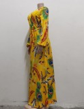 Print Sexy Long Sleeve Wrap Tie Waist Slit Maxi Dress