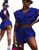 Blue Zip Up Short Sleeve Top and Shorts Set