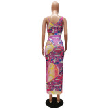Print Cut Out Sleeveless Asymmetric Midi Bodycon Dress