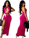 Hot Pink Sexy O-Ring Halter Crop Top and Slit Long Skirt Set